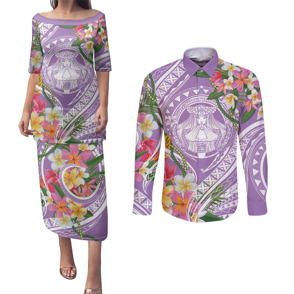 Aloha Hawaii Kauai Couples Matching Puletasi and Long Sleeve Button Shirt Frangipani Mix Mokihana Lei LT7 Purple - Polynesian Pride