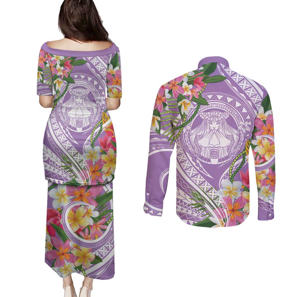Aloha Hawaii Kauai Couples Matching Puletasi and Long Sleeve Button Shirt Frangipani Mix Mokihana Lei LT7 - Polynesian Pride