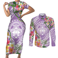 Aloha Hawaii Kauai Couples Matching Short Sleeve Bodycon Dress and Long Sleeve Button Shirt Frangipani Mix Mokihana Lei LT7 Purple - Polynesian Pride