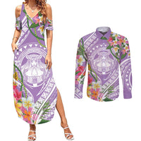 Aloha Hawaii Kauai Couples Matching Summer Maxi Dress and Long Sleeve Button Shirt Frangipani Mix Mokihana Lei LT7 Purple - Polynesian Pride