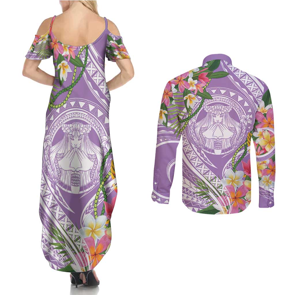 Aloha Hawaii Kauai Couples Matching Summer Maxi Dress and Long Sleeve Button Shirt Frangipani Mix Mokihana Lei LT7 - Polynesian Pride
