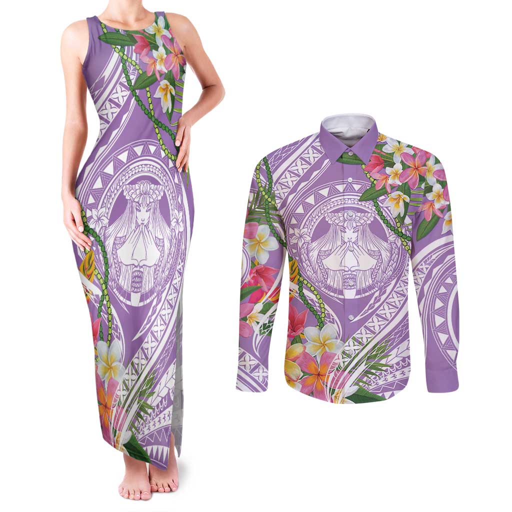 Aloha Hawaii Kauai Couples Matching Tank Maxi Dress and Long Sleeve Button Shirt Frangipani Mix Mokihana Lei LT7 Purple - Polynesian Pride
