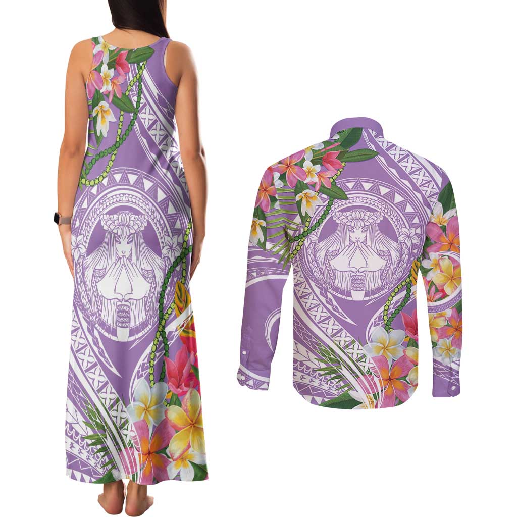 Aloha Hawaii Kauai Couples Matching Tank Maxi Dress and Long Sleeve Button Shirt Frangipani Mix Mokihana Lei LT7 - Polynesian Pride