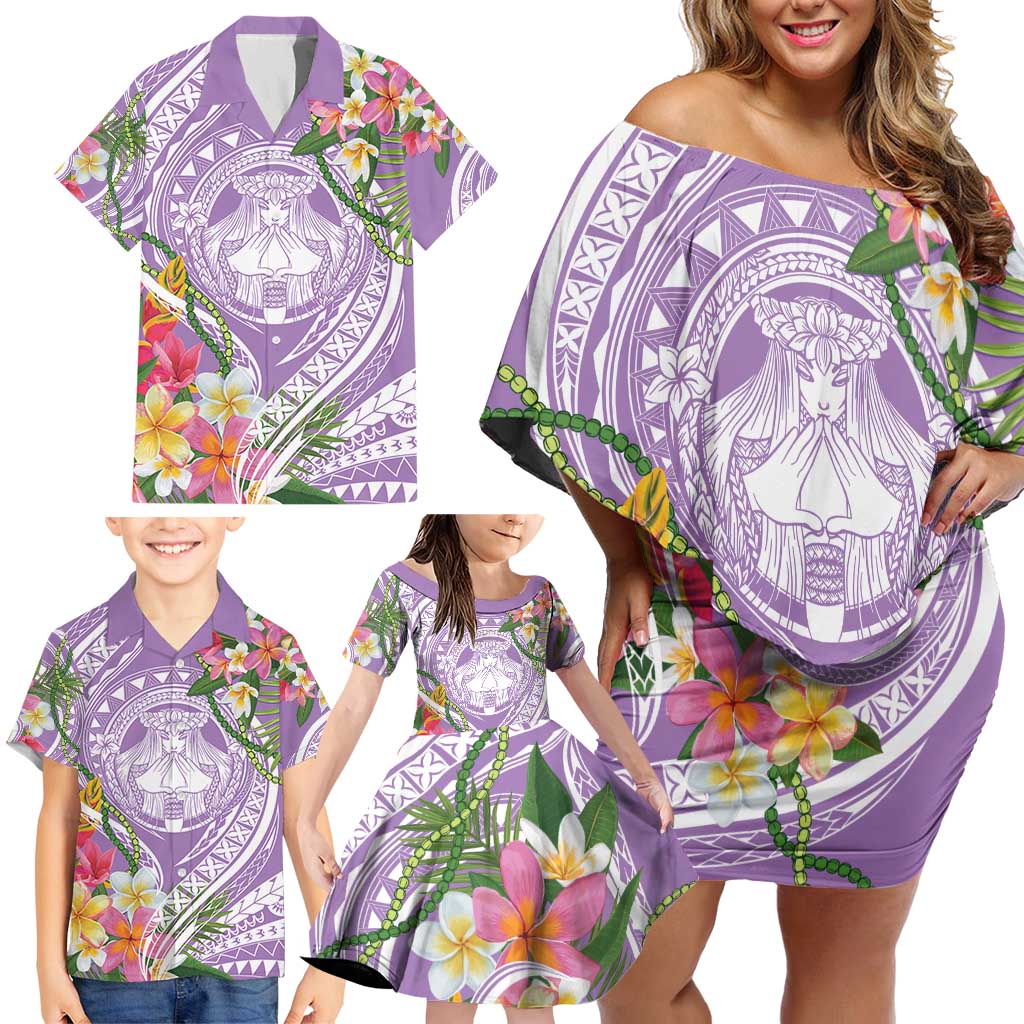 Aloha Hawaii Kauai Family Matching Off Shoulder Short Dress and Hawaiian Shirt Frangipani Mix Mokihana Lei LT7 - Polynesian Pride
