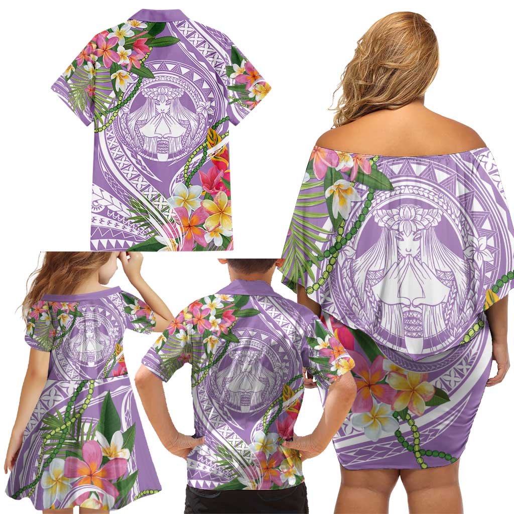 Aloha Hawaii Kauai Family Matching Off Shoulder Short Dress and Hawaiian Shirt Frangipani Mix Mokihana Lei LT7 - Polynesian Pride