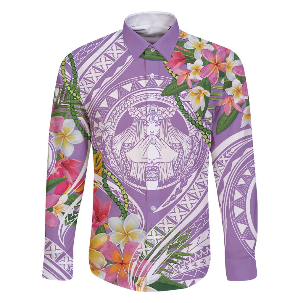Aloha Hawaii Kauai Family Matching Tank Maxi Dress and Hawaiian Shirt Frangipani Mix Mokihana Lei LT7 Dad's Shirt - Long Sleeve Purple - Polynesian Pride