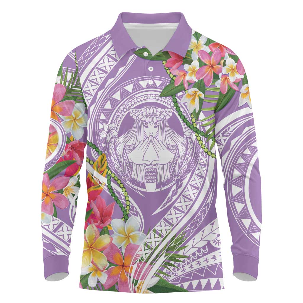 Aloha Hawaii Kauai Long Sleeve Polo Shirt Frangipani Mix Mokihana Lei LT7 Purple - Polynesian Pride