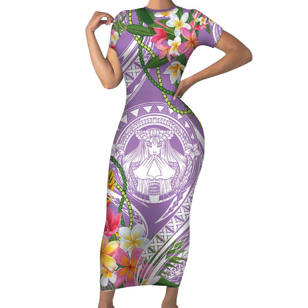 Aloha Hawaii Kauai Short Sleeve Bodycon Dress Frangipani Mix Mokihana Lei LT7 Long Dress Purple - Polynesian Pride