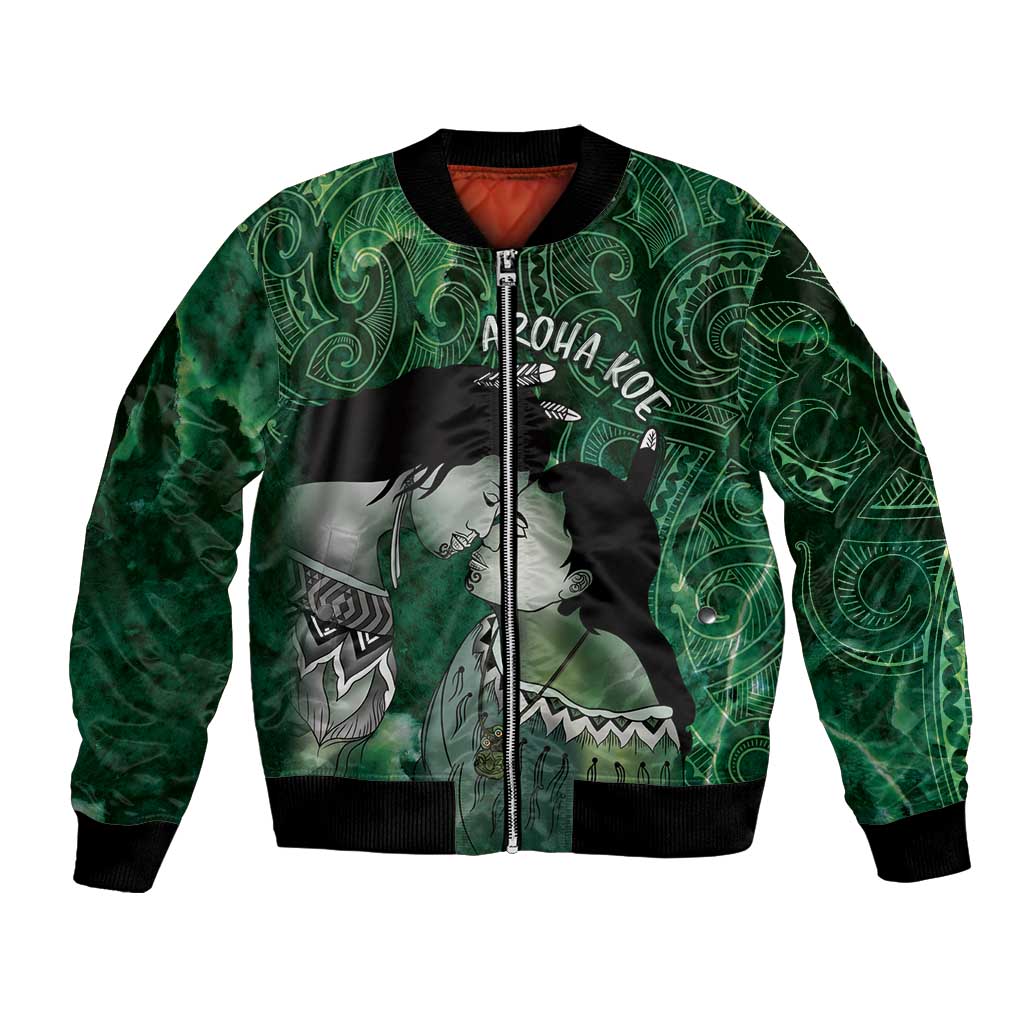 New Zealand Aroha Koe Mama Bomber Jacket Maori Hongi - Pounamu LT7 Unisex Green - Polynesian Pride