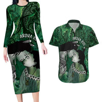 New Zealand Aroha Koe Mama Couples Matching Long Sleeve Bodycon Dress and Hawaiian Shirt Maori Hongi - Pounamu LT7 Green - Polynesian Pride