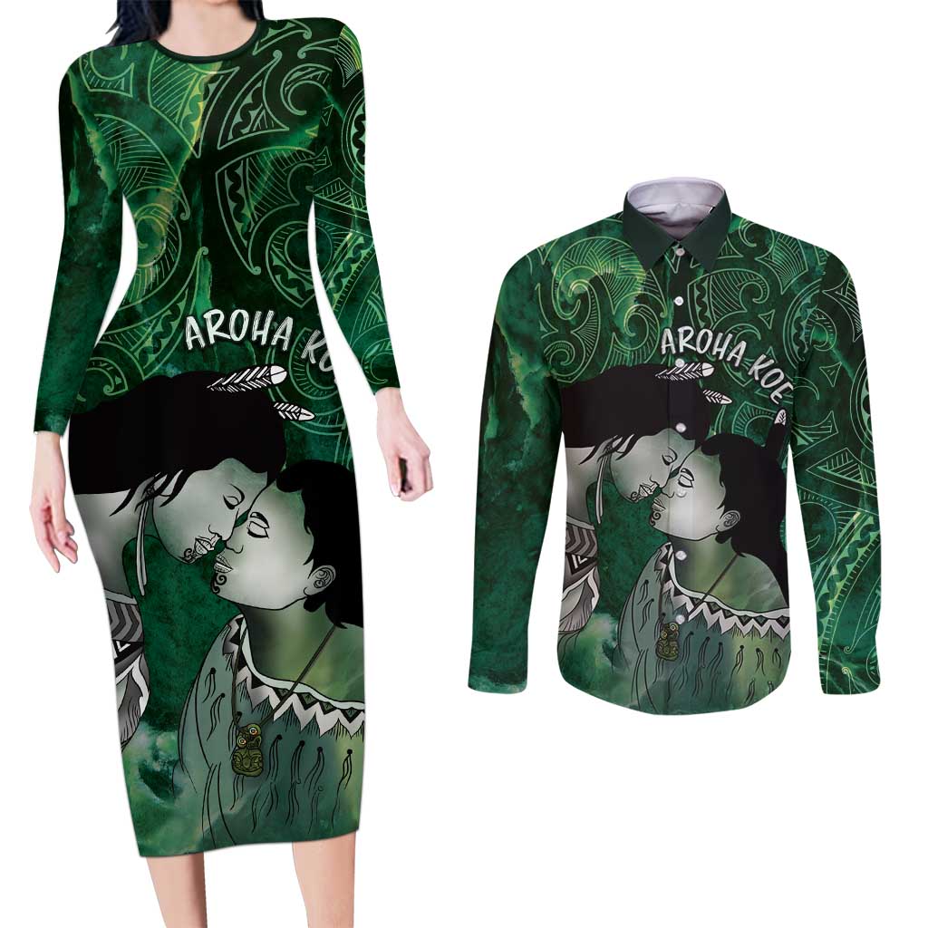 New Zealand Aroha Koe Mama Couples Matching Long Sleeve Bodycon Dress and Long Sleeve Button Shirt Maori Hongi - Pounamu LT7 Green - Polynesian Pride