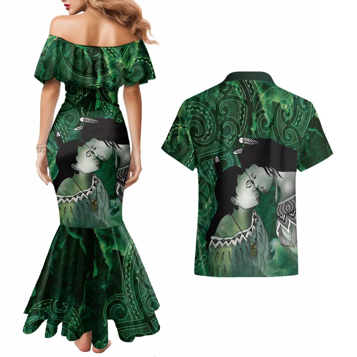 New Zealand Aroha Koe Mama Couples Matching Mermaid Dress and Hawaiian Shirt Maori Hongi - Pounamu LT7 - Polynesian Pride