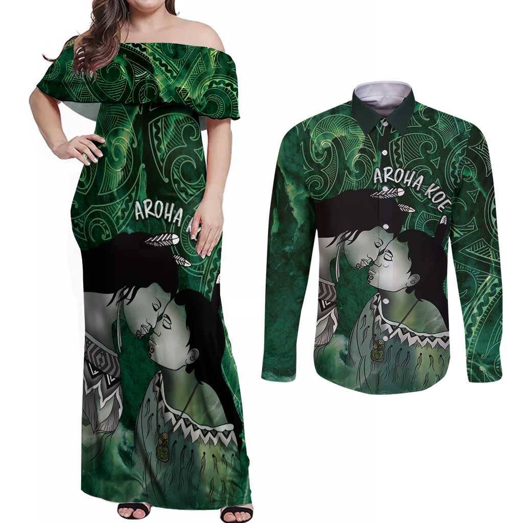 New Zealand Aroha Koe Mama Couples Matching Off Shoulder Maxi Dress and Long Sleeve Button Shirt Maori Hongi - Pounamu LT7 Green - Polynesian Pride