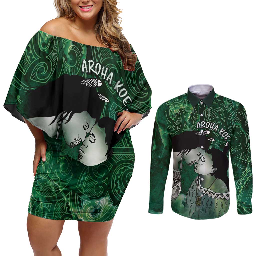 New Zealand Aroha Koe Mama Couples Matching Off Shoulder Short Dress and Long Sleeve Button Shirt Maori Hongi - Pounamu LT7 Green - Polynesian Pride