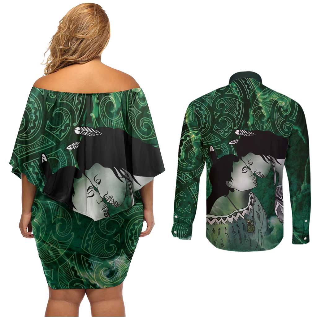New Zealand Aroha Koe Mama Couples Matching Off Shoulder Short Dress and Long Sleeve Button Shirt Maori Hongi - Pounamu LT7 - Polynesian Pride
