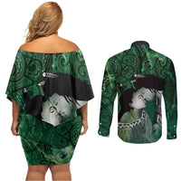 New Zealand Aroha Koe Mama Couples Matching Off Shoulder Short Dress and Long Sleeve Button Shirt Maori Hongi - Pounamu LT7 - Polynesian Pride