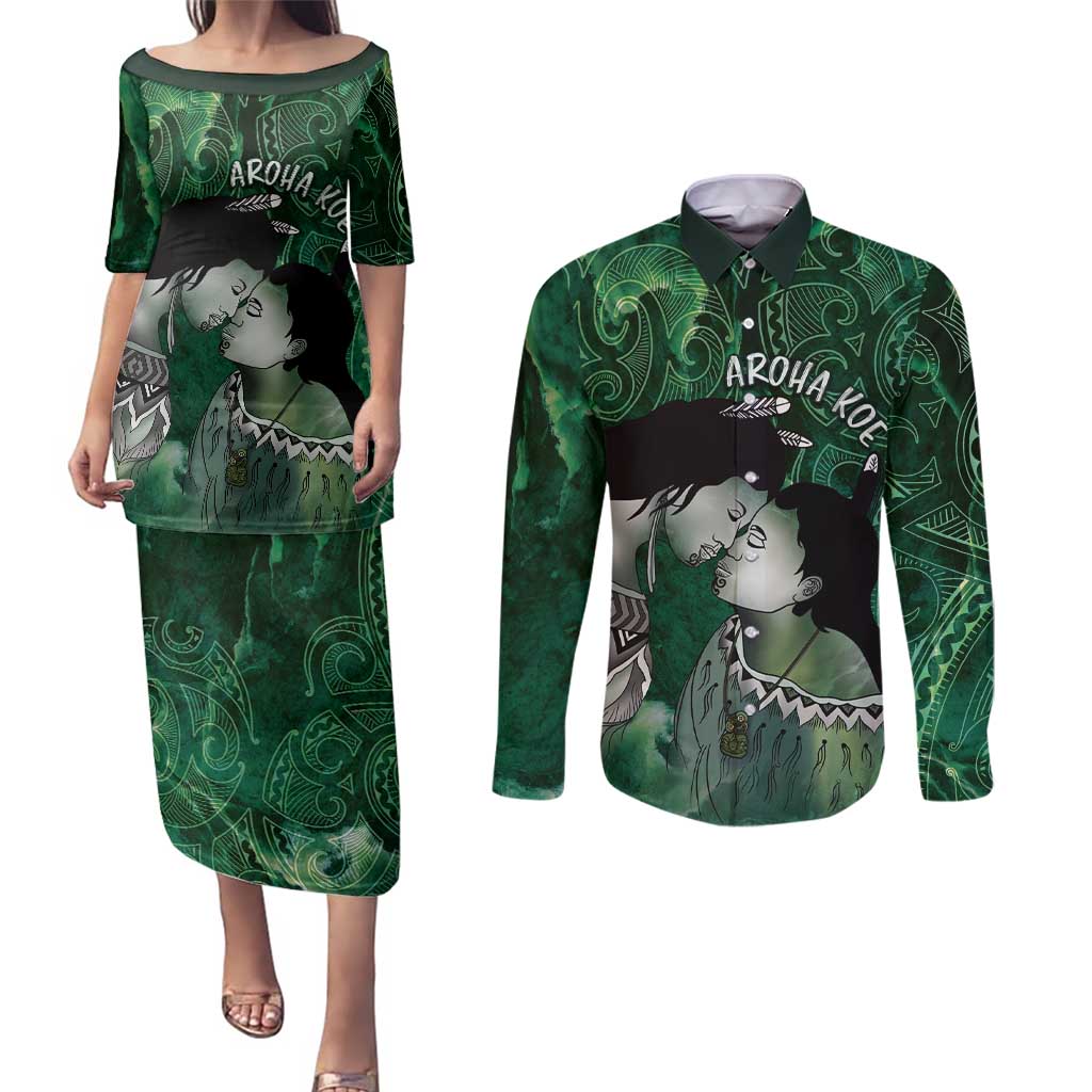 New Zealand Aroha Koe Mama Couples Matching Puletasi and Long Sleeve Button Shirt Maori Hongi - Pounamu LT7 Green - Polynesian Pride