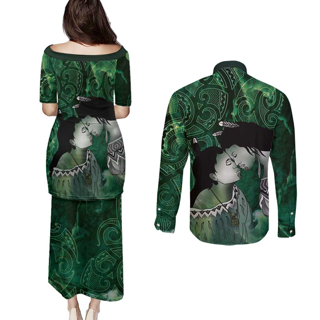 New Zealand Aroha Koe Mama Couples Matching Puletasi and Long Sleeve Button Shirt Maori Hongi - Pounamu LT7 - Polynesian Pride