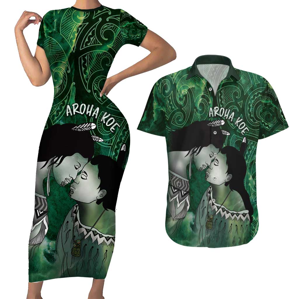 New Zealand Aroha Koe Mama Couples Matching Short Sleeve Bodycon Dress and Hawaiian Shirt Maori Hongi - Pounamu LT7 Green - Polynesian Pride