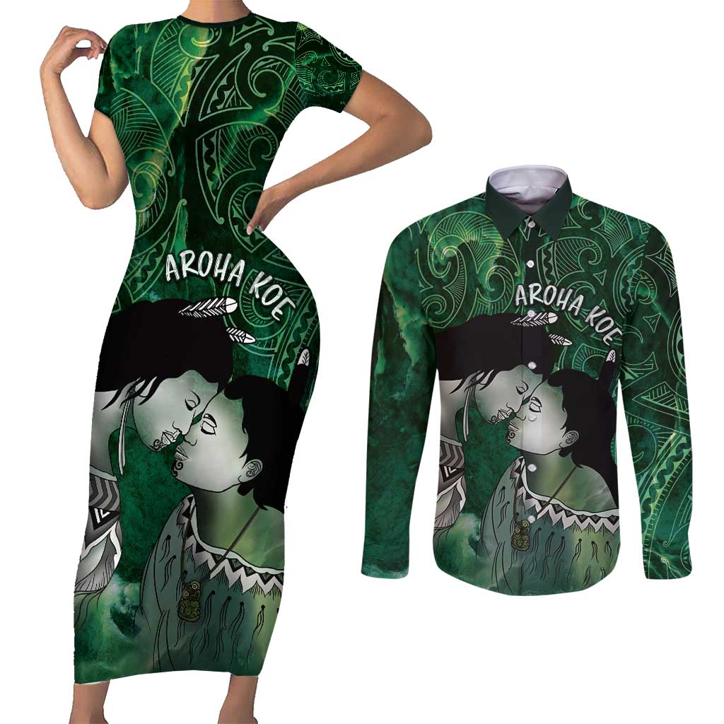 New Zealand Aroha Koe Mama Couples Matching Short Sleeve Bodycon Dress and Long Sleeve Button Shirt Maori Hongi - Pounamu LT7 Green - Polynesian Pride