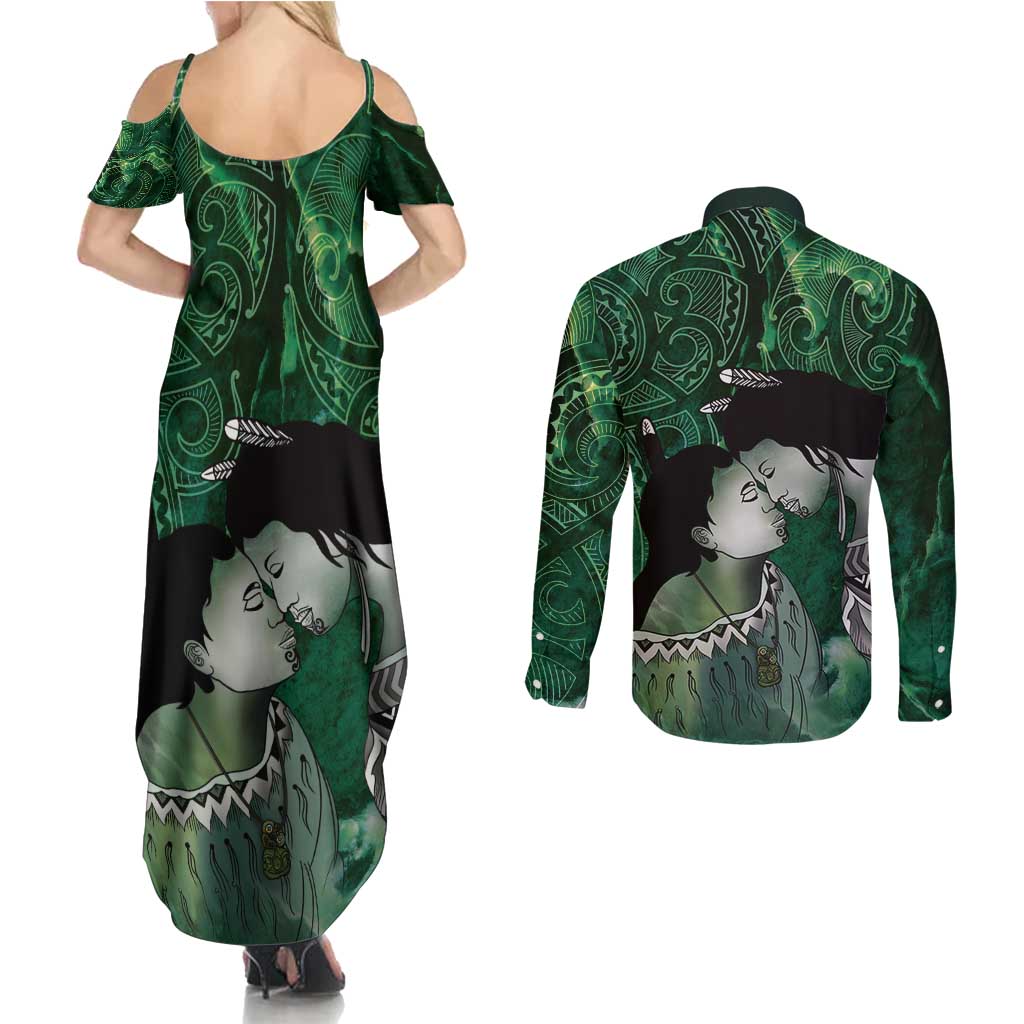 New Zealand Aroha Koe Mama Couples Matching Summer Maxi Dress and Long Sleeve Button Shirt Maori Hongi - Pounamu LT7 - Polynesian Pride