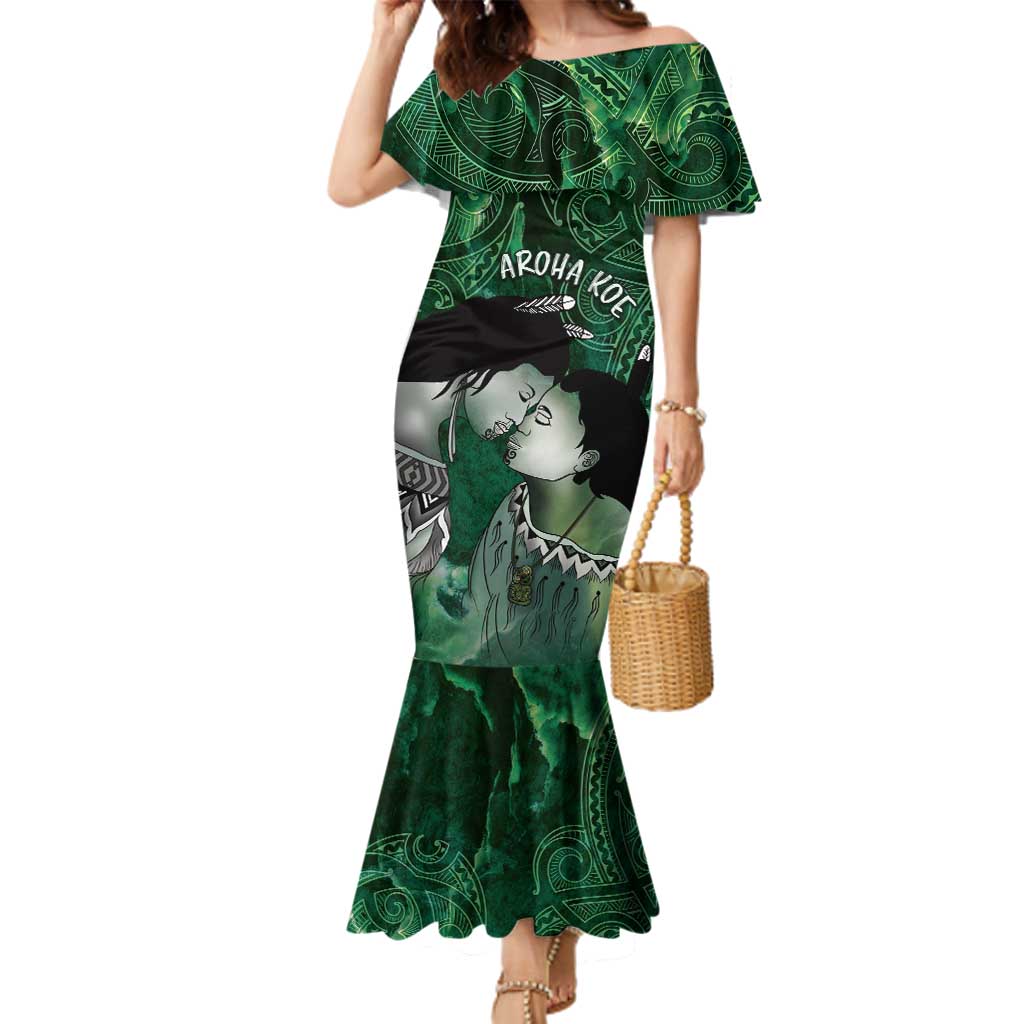 New Zealand Aroha Koe Mama Family Matching Mermaid Dress and Hawaiian Shirt Maori Hongi - Pounamu LT7 Mom's Dress Green - Polynesian Pride