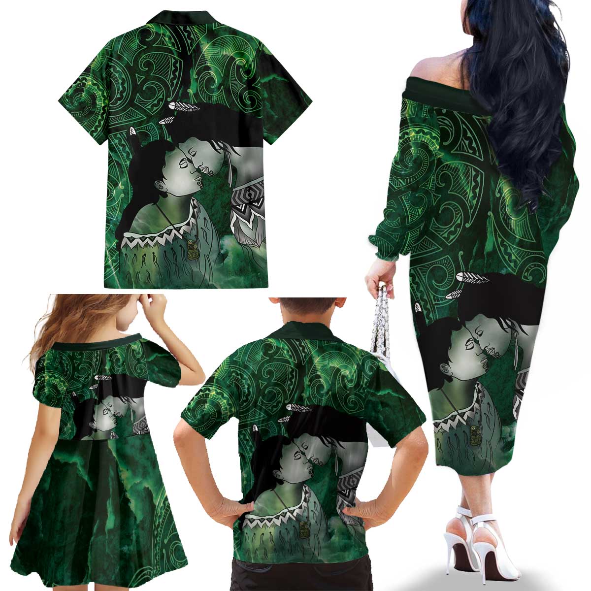 New Zealand Aroha Koe Mama Family Matching Off The Shoulder Long Sleeve Dress and Hawaiian Shirt Maori Hongi - Pounamu LT7 - Polynesian Pride
