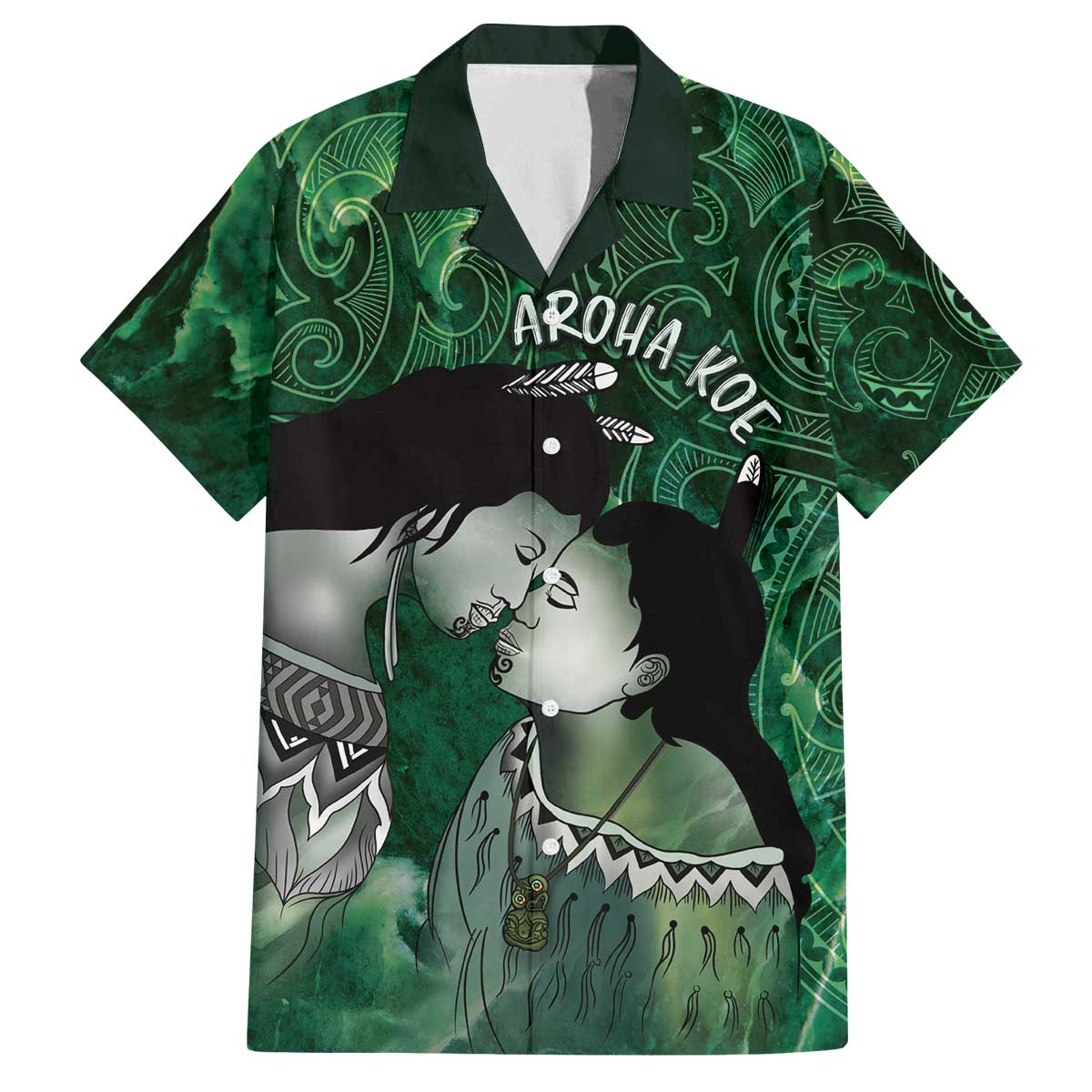 New Zealand Aroha Koe Mama Family Matching Off The Shoulder Long Sleeve Dress and Hawaiian Shirt Maori Hongi - Pounamu LT7 Dad's Shirt - Short Sleeve Green - Polynesian Pride