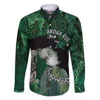 New Zealand Aroha Koe Mama Family Matching Off The Shoulder Long Sleeve Dress and Hawaiian Shirt Maori Hongi - Pounamu LT7 Dad's Shirt - Long Sleeve Green - Polynesian Pride