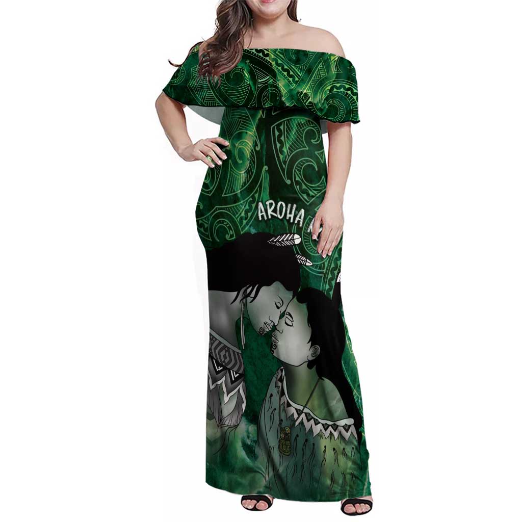 New Zealand Aroha Koe Mama Family Matching Off Shoulder Maxi Dress and Hawaiian Shirt Maori Hongi - Pounamu LT7 Mom's Dress Green - Polynesian Pride