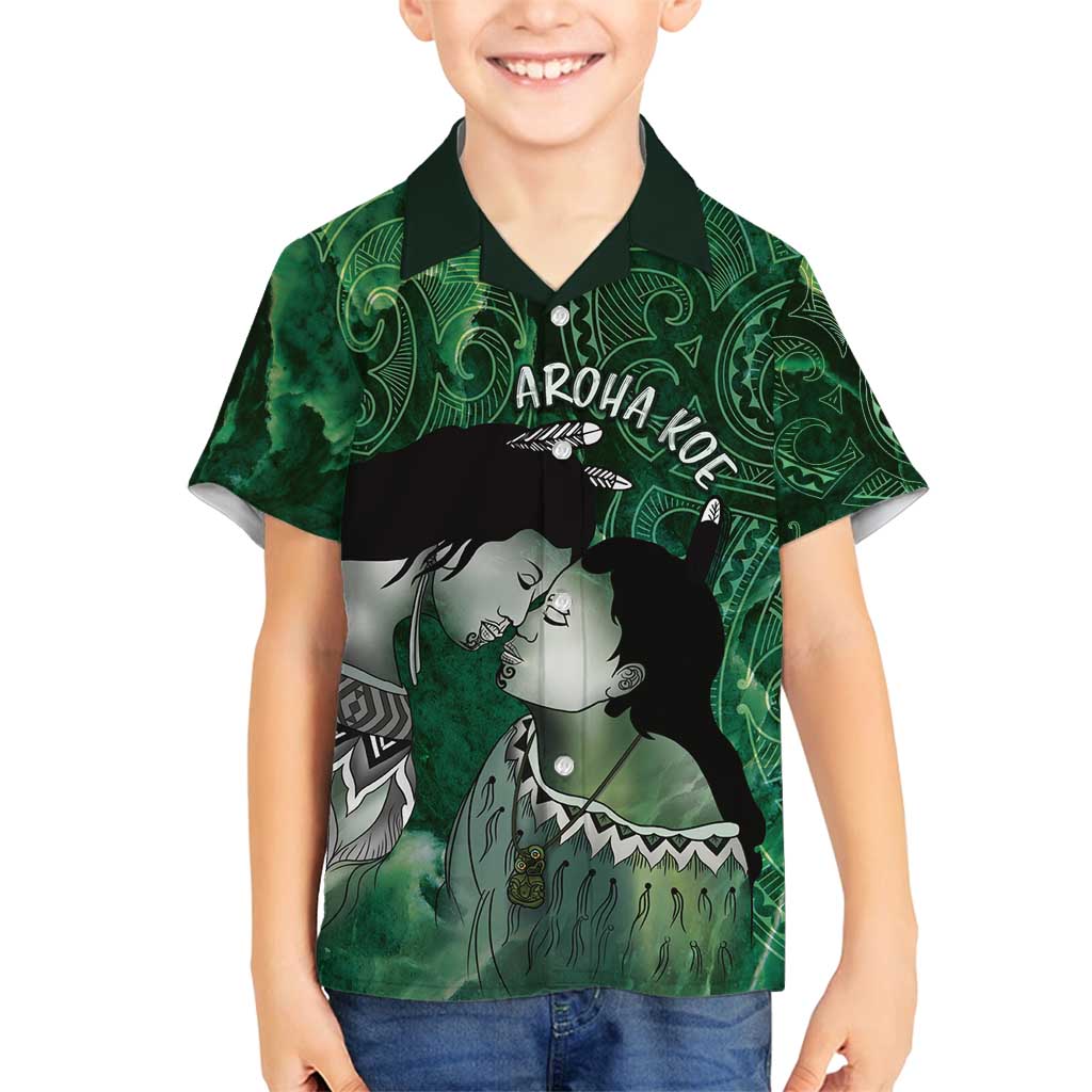 New Zealand Aroha Koe Mama Family Matching Off Shoulder Maxi Dress and Hawaiian Shirt Maori Hongi - Pounamu LT7 Son's Shirt Green - Polynesian Pride