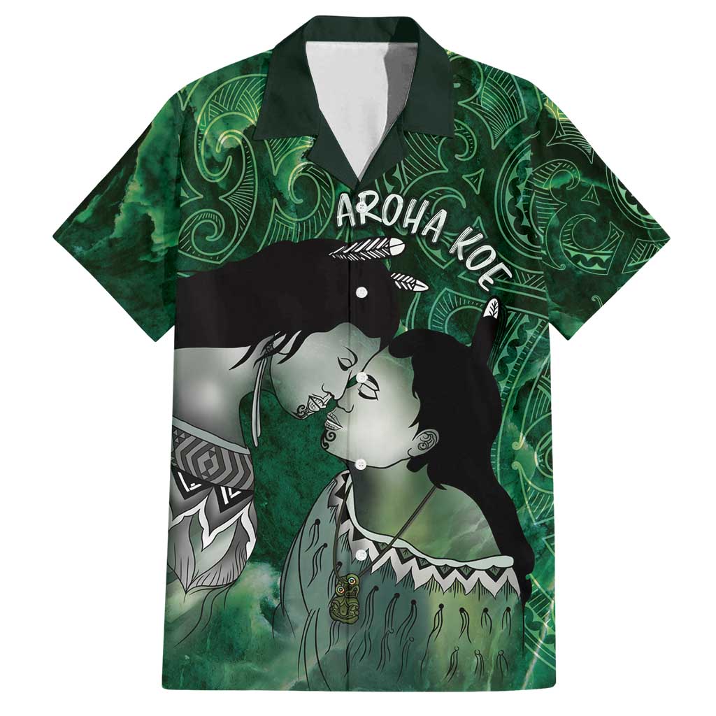 New Zealand Aroha Koe Mama Family Matching Off Shoulder Short Dress and Hawaiian Shirt Maori Hongi - Pounamu LT7 Dad's Shirt - Short Sleeve Green - Polynesian Pride