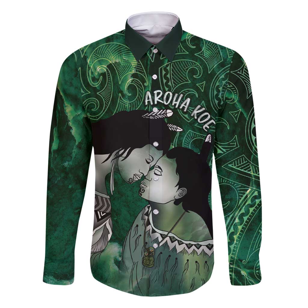 New Zealand Aroha Koe Mama Family Matching Short Sleeve Bodycon Dress and Hawaiian Shirt Maori Hongi - Pounamu LT7 Dad's Shirt - Long Sleeve Green - Polynesian Pride
