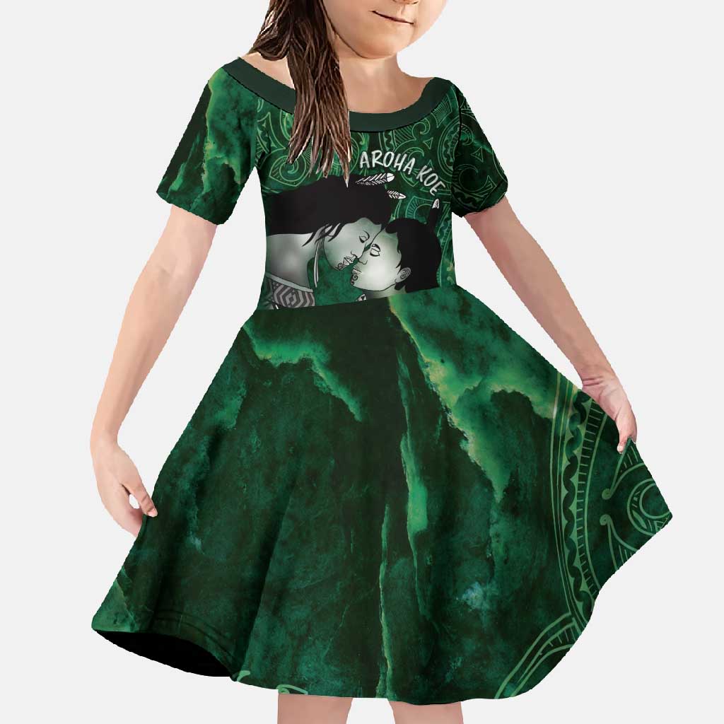 New Zealand Aroha Koe Mama Family Matching Tank Maxi Dress and Hawaiian Shirt Maori Hongi - Pounamu LT7 Daughter's Dress Green - Polynesian Pride
