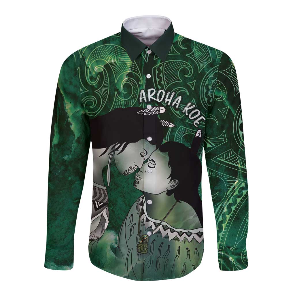 New Zealand Aroha Koe Mama Long Sleeve Button Shirt Maori Hongi - Pounamu LT7 Unisex Green - Polynesian Pride