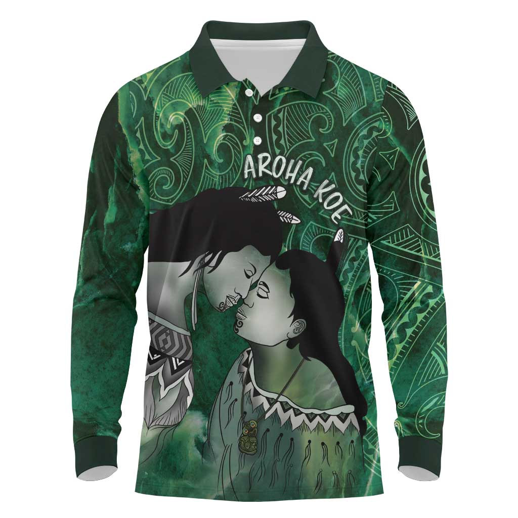 New Zealand Aroha Koe Mama Long Sleeve Polo Shirt Maori Hongi - Pounamu LT7 Green - Polynesian Pride