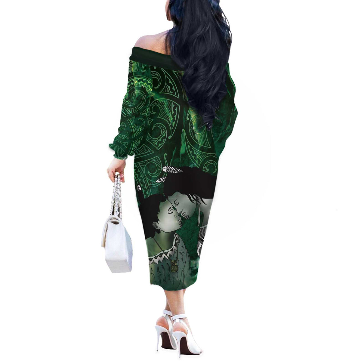 New Zealand Aroha Koe Mama Off The Shoulder Long Sleeve Dress Maori Hongi - Pounamu LT7 - Polynesian Pride