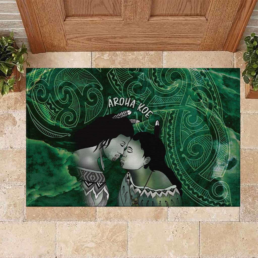 New Zealand Aroha Koe Mama Rubber Doormat Maori Hongi - Pounamu LT7 Green - Polynesian Pride
