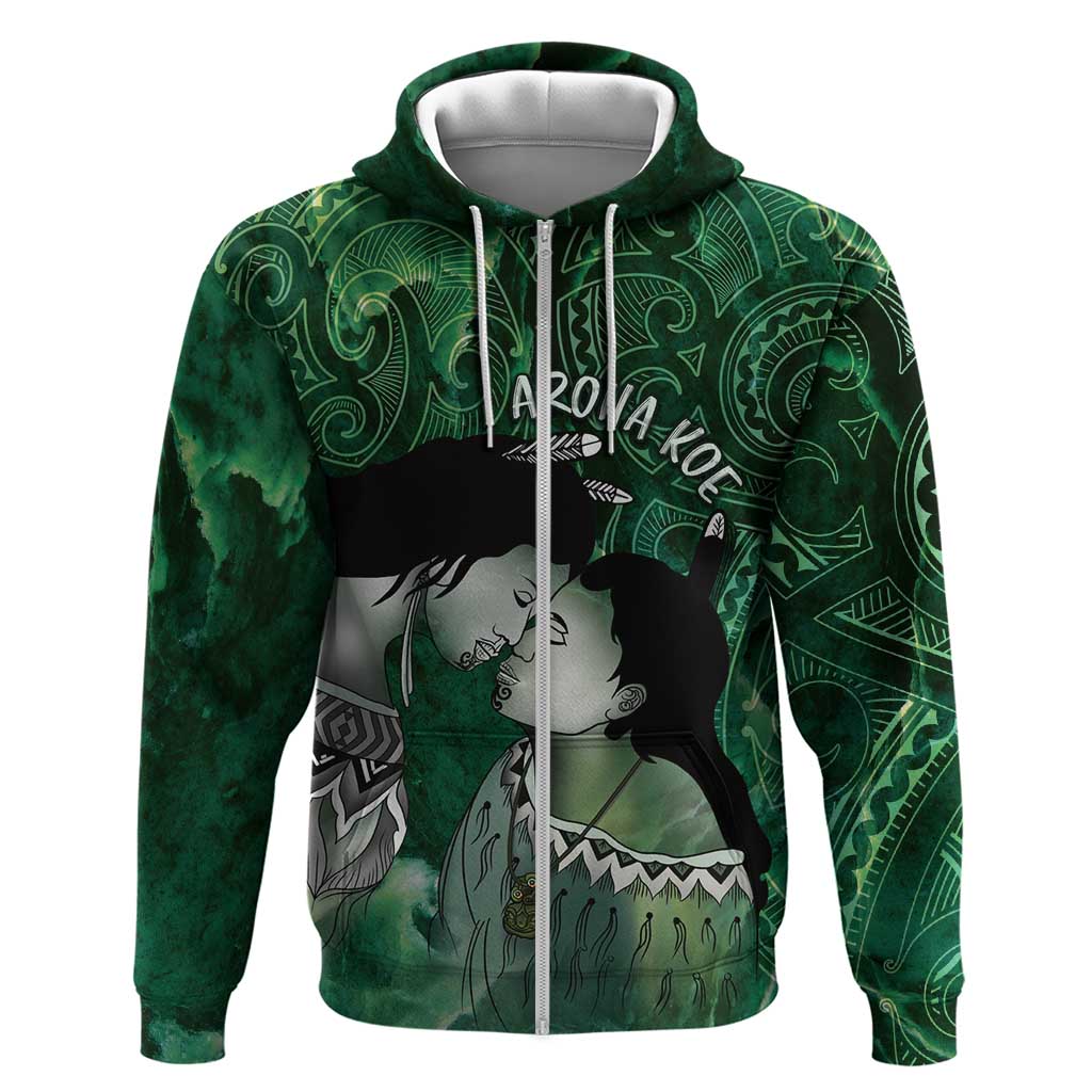 New Zealand Aroha Koe Mama Zip Hoodie Maori Hongi - Pounamu LT7 Zip Hoodie Green - Polynesian Pride