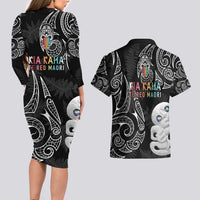 Kia Hara Te reo Maori Couples Matching Long Sleeve Bodycon Dress and Hawaiian Shirt Manaia Moko Pattern LT7 - Polynesian Pride