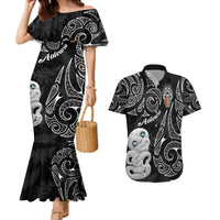 Kia Hara Te reo Maori Couples Matching Mermaid Dress and Hawaiian Shirt Manaia Moko Pattern LT7 Black - Polynesian Pride