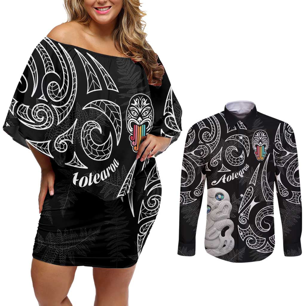 Kia Hara Te reo Maori Couples Matching Off Shoulder Short Dress and Long Sleeve Button Shirt Manaia Moko Pattern