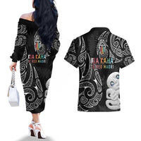 Kia Hara Te reo Maori Couples Matching Off The Shoulder Long Sleeve Dress and Hawaiian Shirt Manaia Moko Pattern LT7 - Polynesian Pride