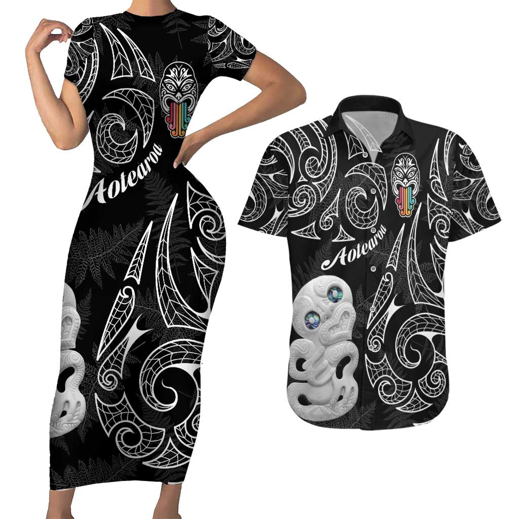 Kia Hara Te reo Maori Couples Matching Short Sleeve Bodycon Dress and Hawaiian Shirt Manaia Moko Pattern LT7 Black - Polynesian Pride