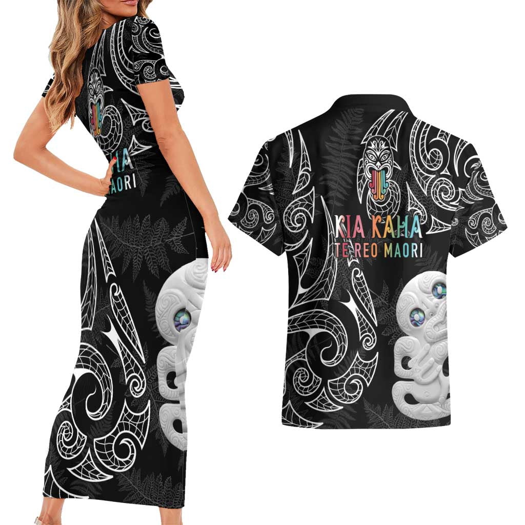 Kia Hara Te reo Maori Couples Matching Short Sleeve Bodycon Dress and Hawaiian Shirt Manaia Moko Pattern LT7 - Polynesian Pride