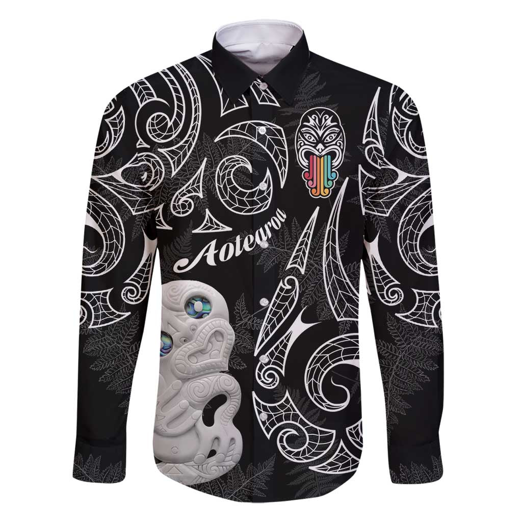 Kia Hara Te reo Maori Family Matching Mermaid Dress and Hawaiian Shirt Manaia Moko Pattern LT7 Dad's Shirt - Long Sleeve Black - Polynesian Pride