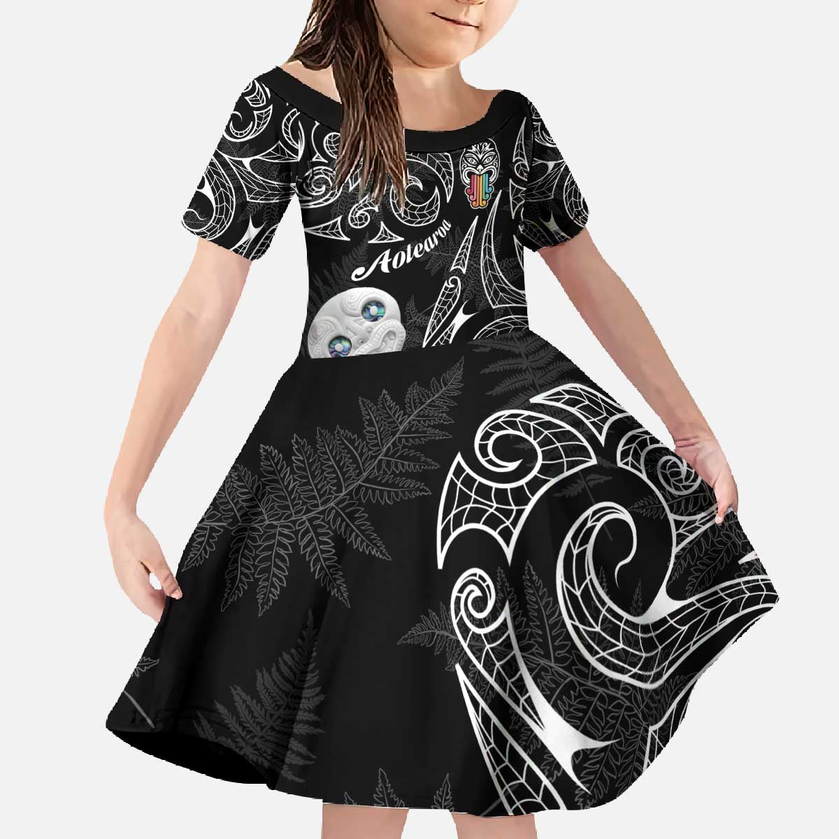 Kia Hara Te reo Maori Family Matching Off The Shoulder Long Sleeve Dress and Hawaiian Shirt Manaia Moko Pattern LT7 Daughter's Dress Black - Polynesian Pride