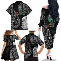 Kia Hara Te reo Maori Family Matching Off The Shoulder Long Sleeve Dress and Hawaiian Shirt Manaia Moko Pattern LT7 - Polynesian Pride