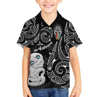 Kia Hara Te reo Maori Family Matching Off The Shoulder Long Sleeve Dress and Hawaiian Shirt Manaia Moko Pattern LT7 Son's Shirt Black - Polynesian Pride