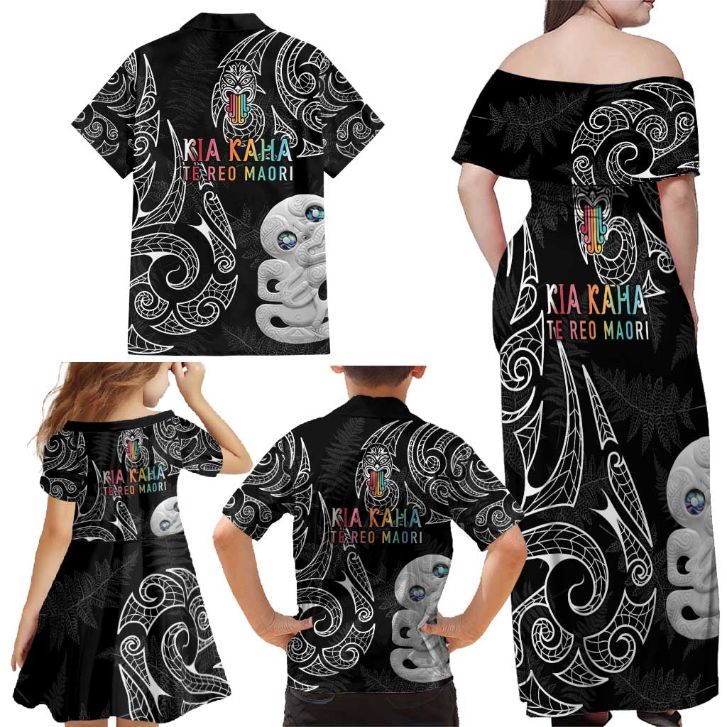Kia Hara Te reo Maori Family Matching Off Shoulder Maxi Dress and Hawaiian Shirt Manaia Moko Pattern LT7 - Polynesian Pride